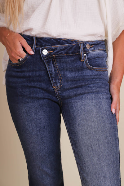 Crisscross Waist Jeans- Women's Dark Wash Skinny Jeans- Risen Jeans