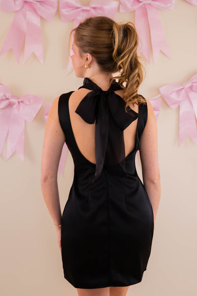 Little Black Dress- Satin Black Dress With Bow- B. Right Black Dress
