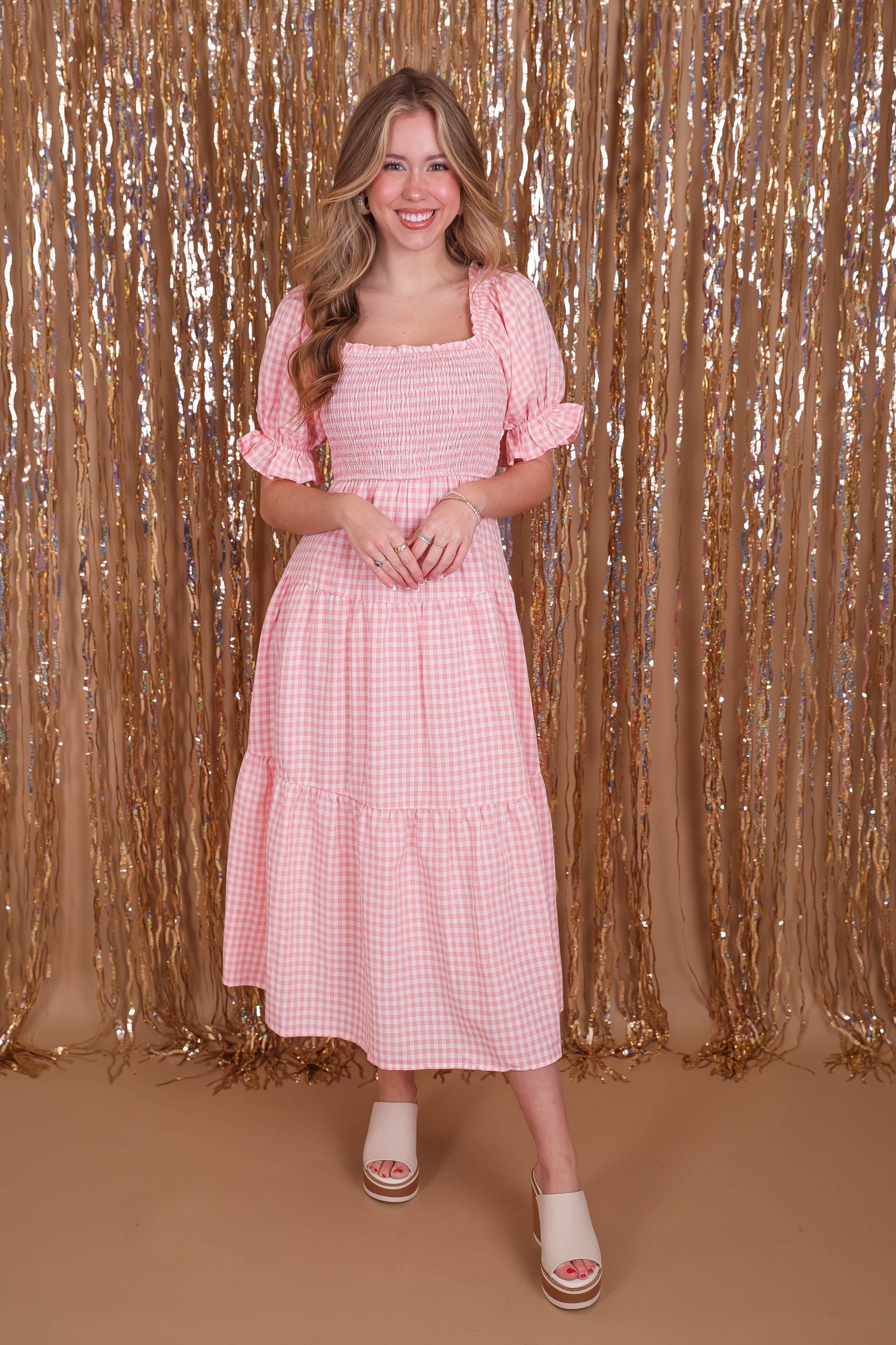 Pink Gingham Midi Dress- Puff Sleeve Midi Dress- &Merci Gingham Dress