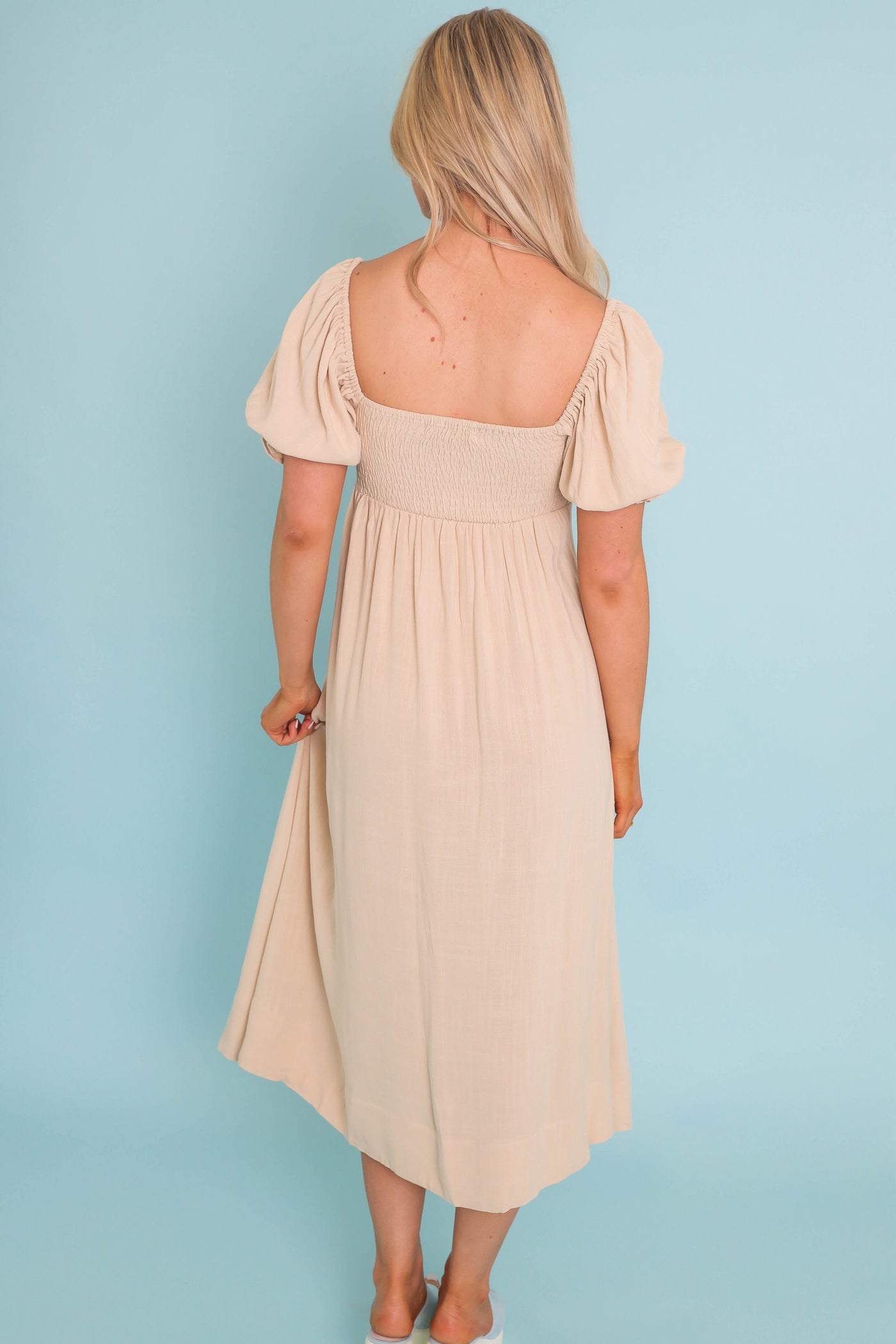 Women's Beige Linen Midi Dress- Pretty Summer Linen Dress- Mable Midi Dresses