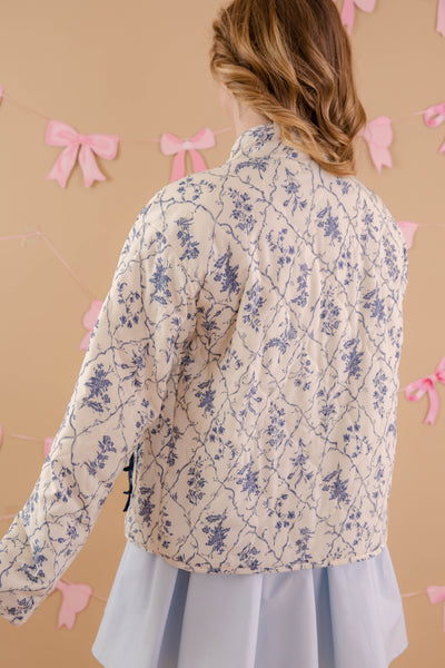 Cream and Blue Floral Pattern Jacket- Women's Trendy Quilted Jacket