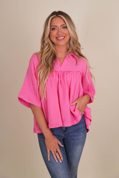 Women's Pink Cotton Top- Women's Relaxed Cotton Blouse- FreePeople Dupe Top