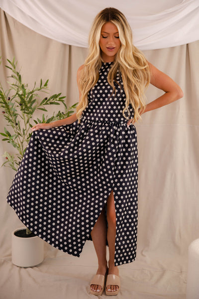 Navy and White Polkadot Skirt- Women's Navy Midi Skirt- Mable Set