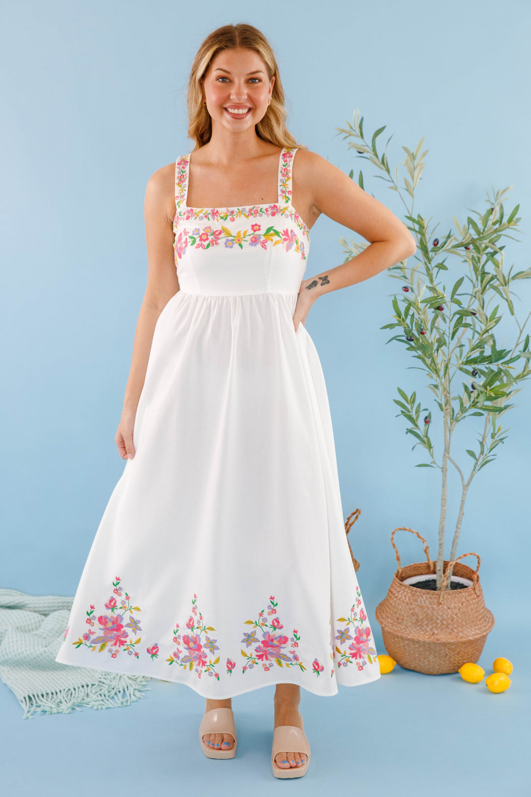 white dress with floral embroidery Embroidered Maxi Dress- Women's Floral Dress- Summer Dresses for Women Small Excluding-SS25 Short Sleeve Midi Flowy Perfect for boho weddings Color:Pale Purple