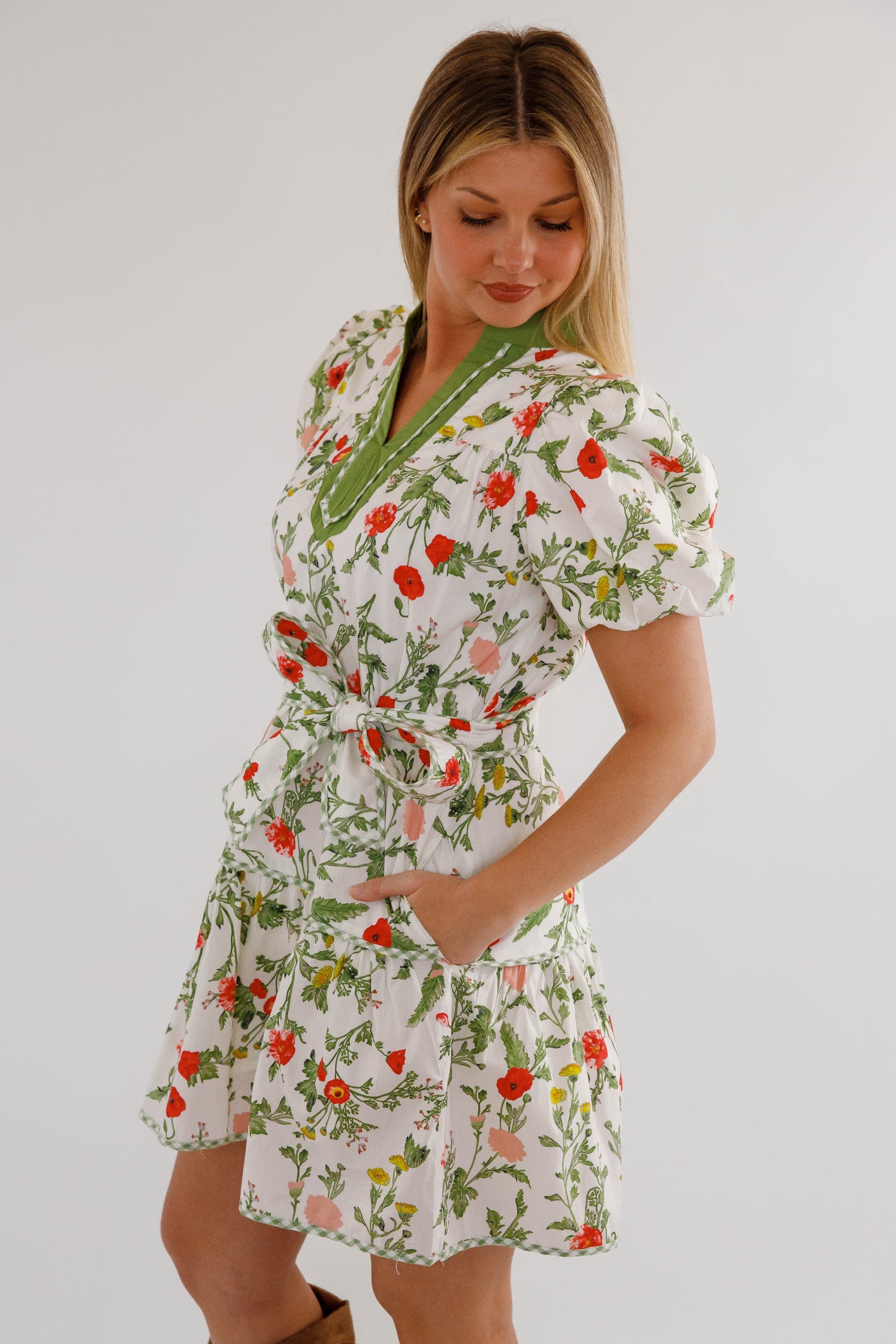 Cottagecore Puff Sleeve Dress- Green Trim Boutique Spring Dress Medium