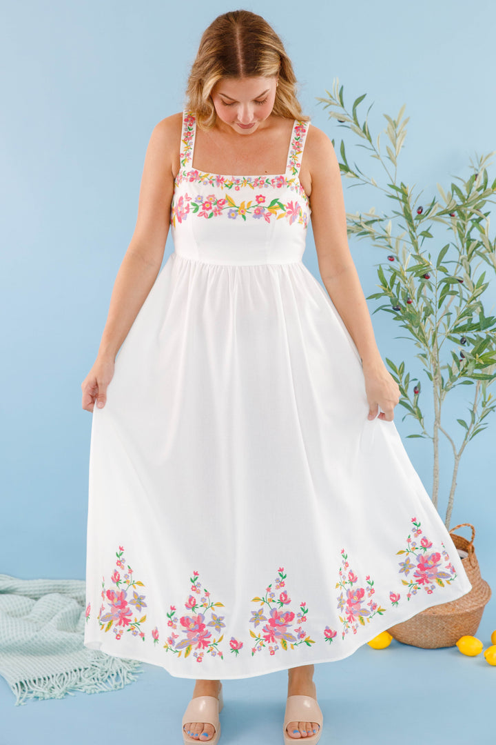 Floral Embroidered Maxi Dress- Women's White Floral Dress- Summer