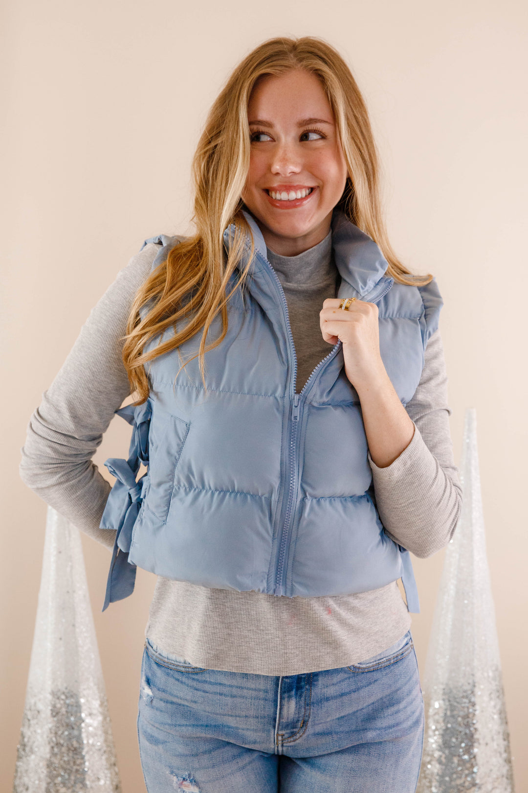 Light Blue Cropped Puffer Vest- Women's Bow Puffer Vest- VeryJ