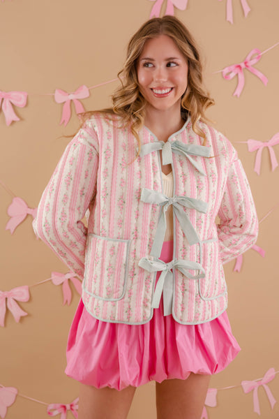 Ditzy Floral Quilted Jacket- Women's Pink Quilted Jacket- PeachLove Bow Floral Jacket