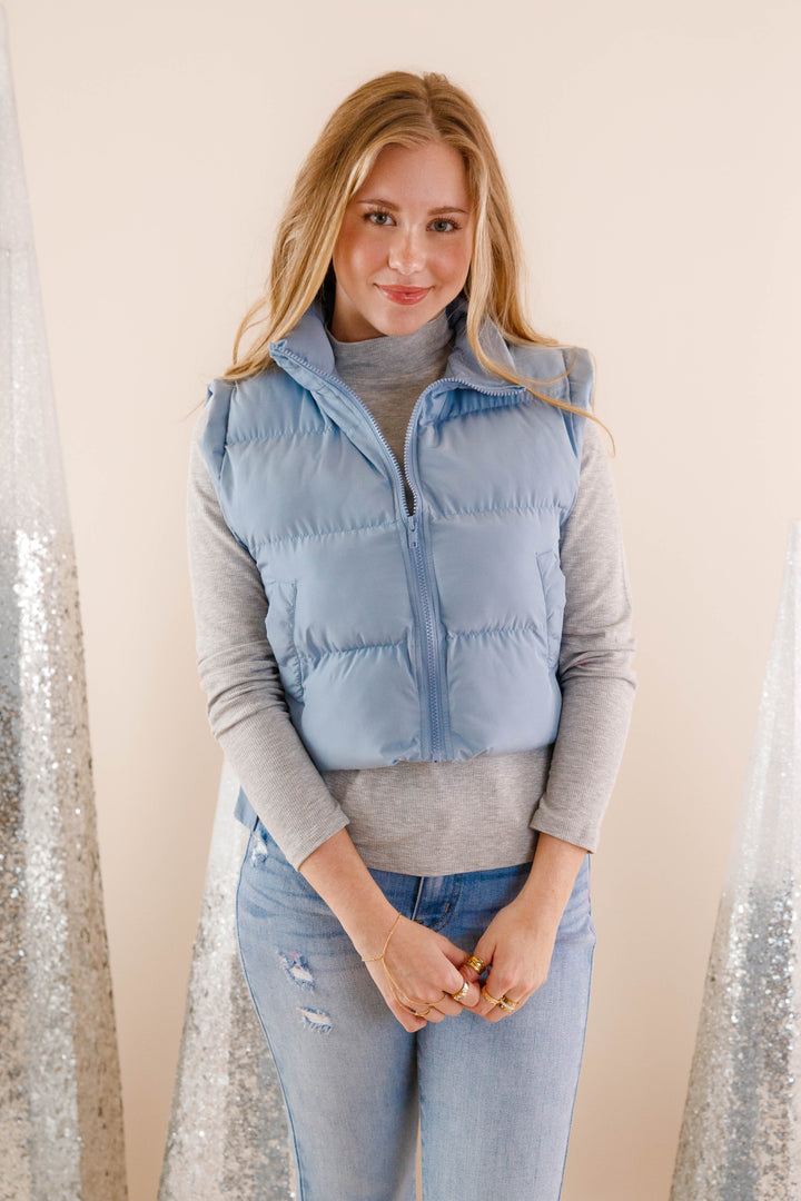 Light Blue Cropped Puffer Vest- Women's Bow Puffer Vest- VeryJ Light Blue Cropped Puffer Vest- Women's Bow Puffer Vest- VeryJ