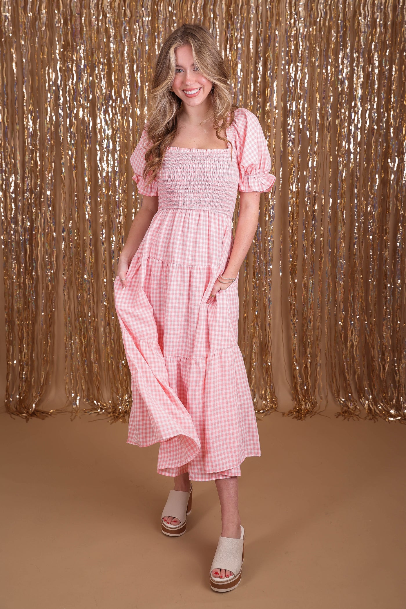 Pink Gingham Midi Dress- Puff Sleeve Midi Dress- &Merci Gingham Dress