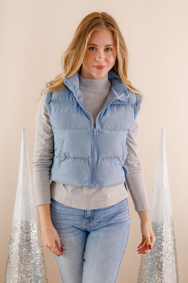 Light Blue Cropped Puffer Vest- Women's Bow Puffer Vest- VeryJ