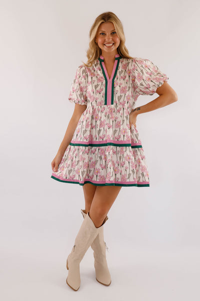 Purple Floral Print Dress- Women's Short Sleeve Bubble Dress- Women's Entro Dresses