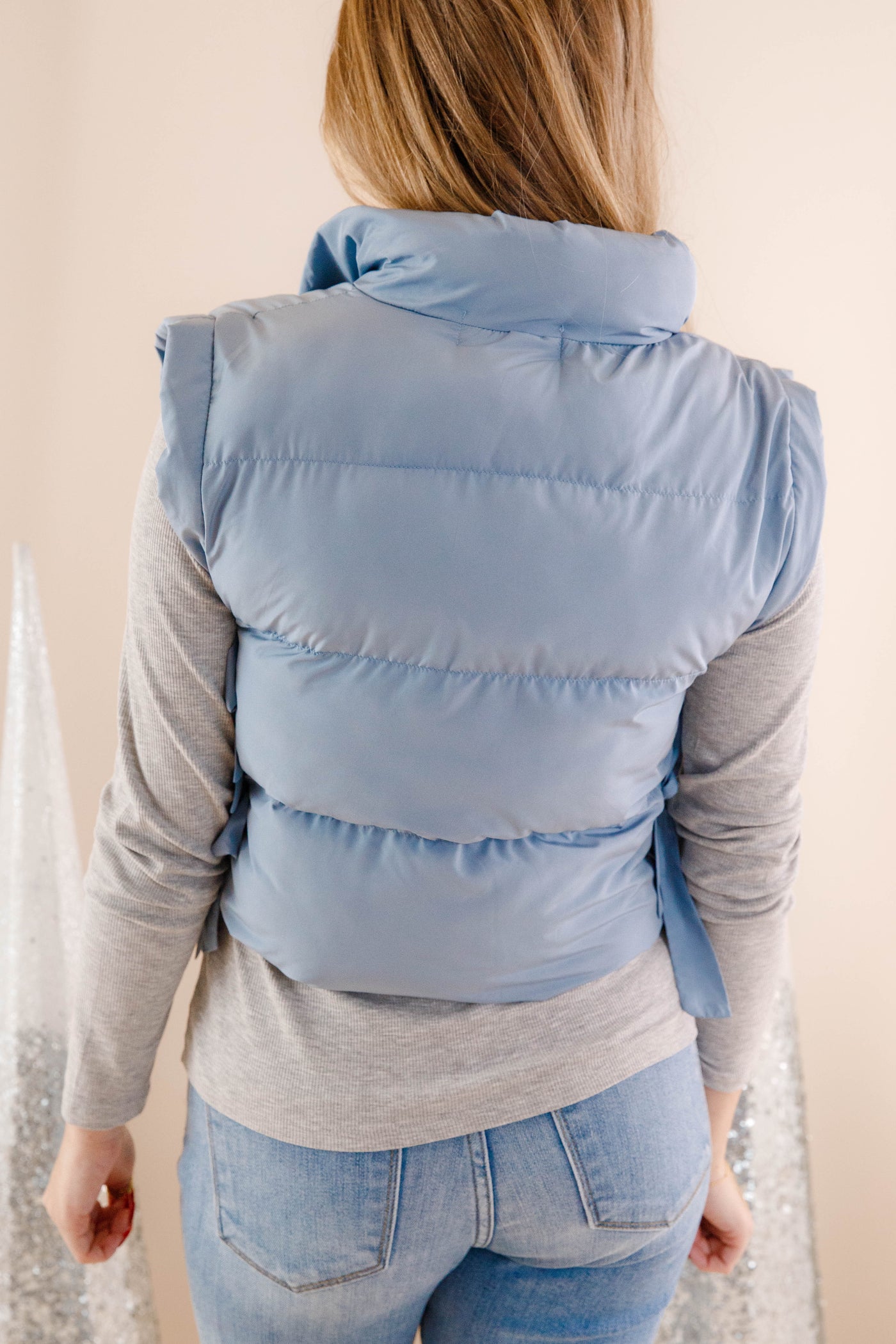 Light Blue Cropped Puffer Vest- Women's Bow Puffer Vest- VeryJ Winter Vest