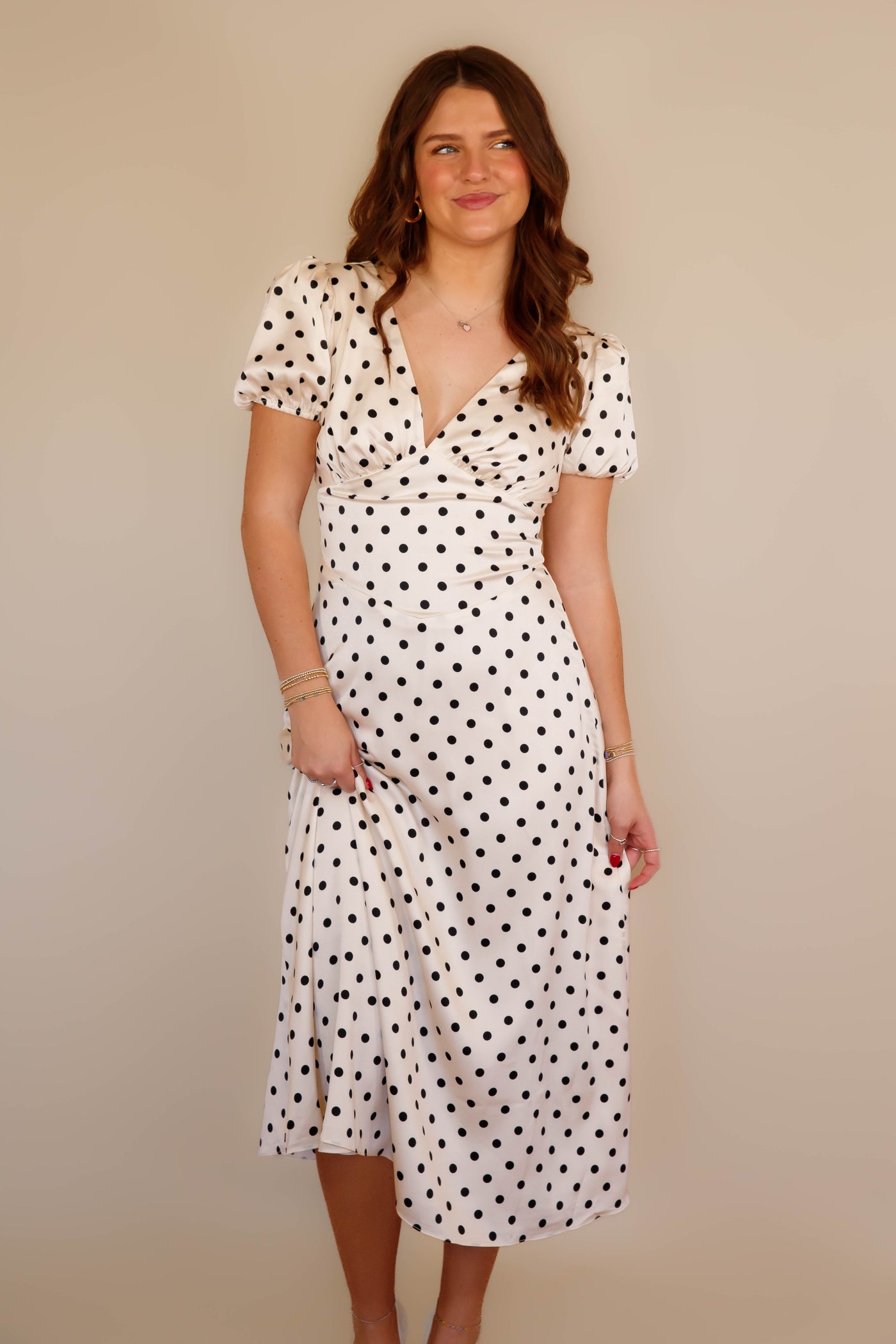 satin polka dot dress Polkadot A-line Midi Dress- Women's Satin Polkadot Dress- Storia Midi Dress Small