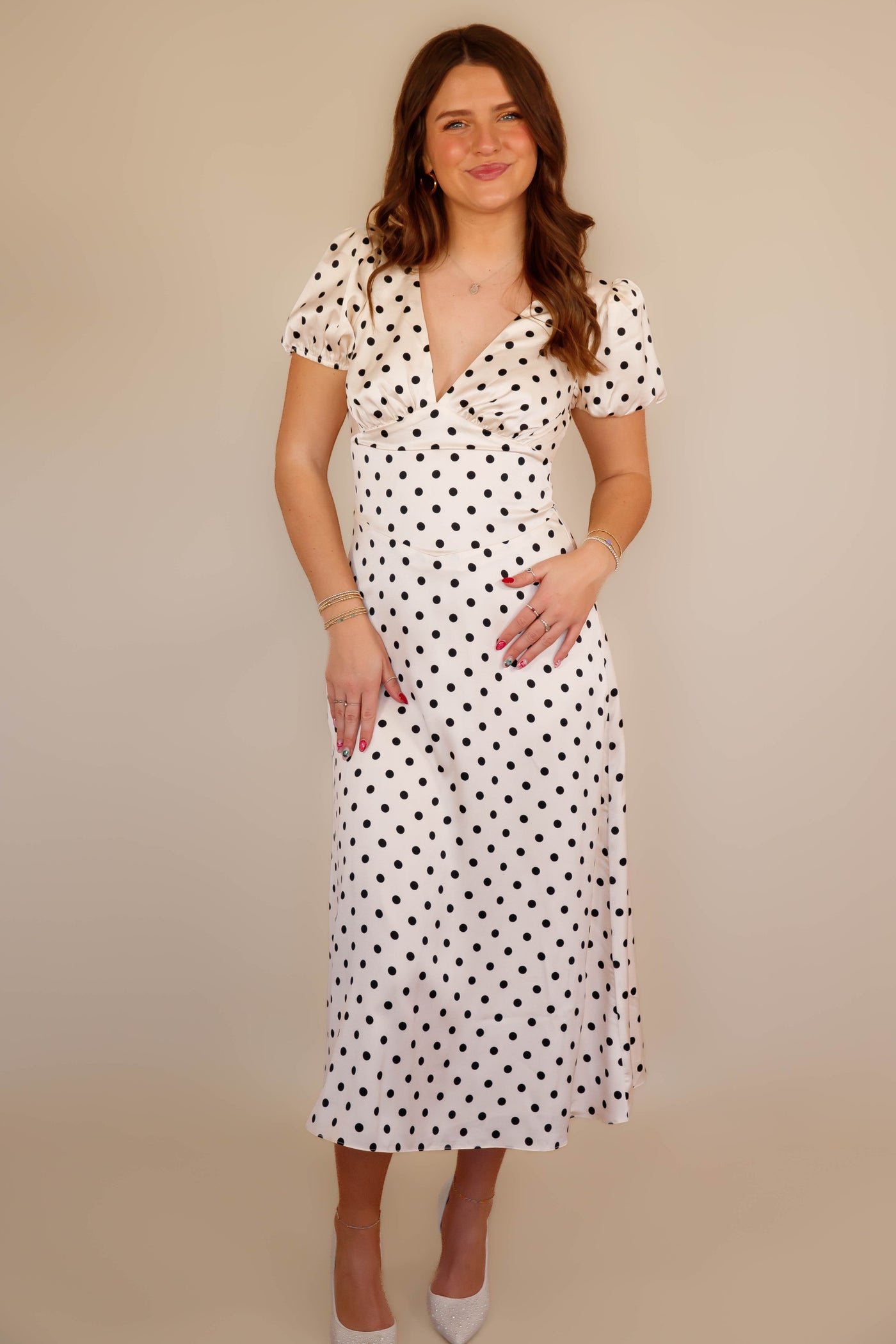 Polkadot A-line Midi Dress- Women's Satin Polkadot Dress- Storia Midi Dress Small