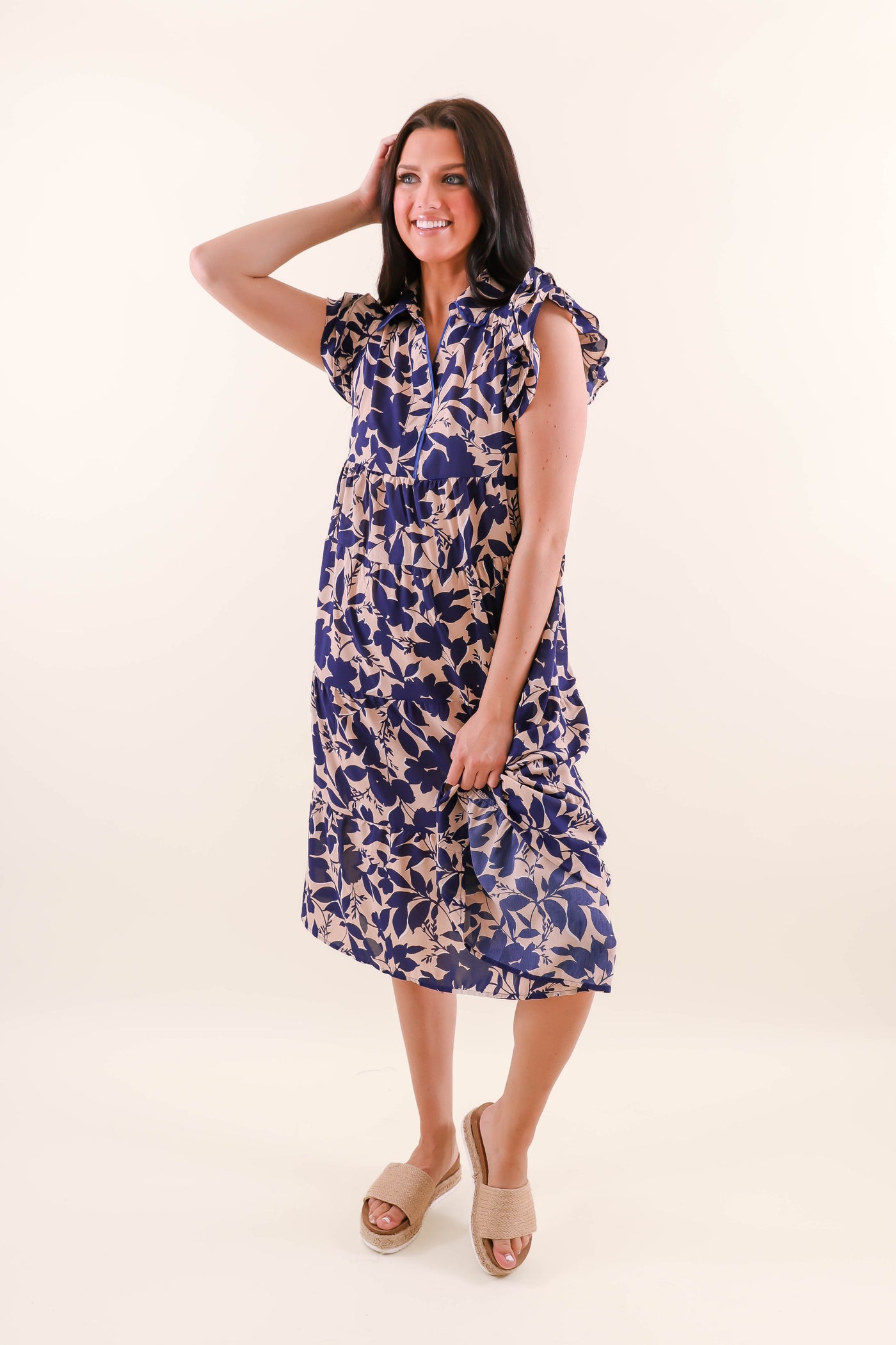 Blue Floral Midi Dress- Women's A-line Midi Dress- Umgee Dresses