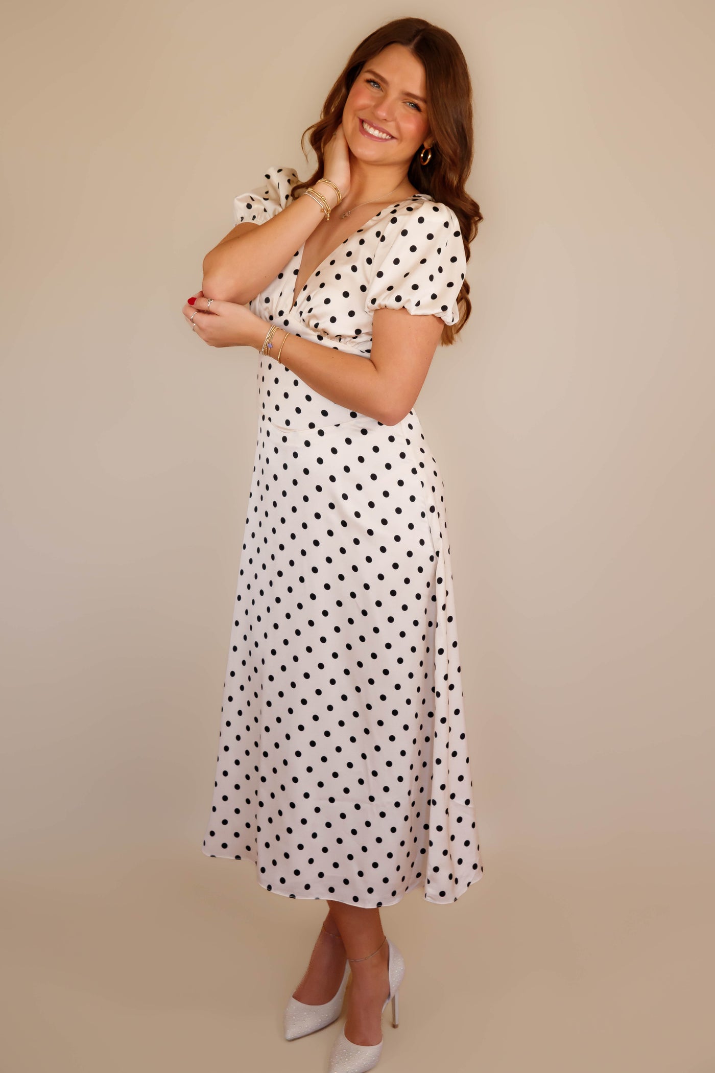 satin polka dot midi dress Polkadot A-line Dress- Women's Polkadot Dress- Storia Midi Small inspired style Cocktail parties Women Bodycon Black, White emilysgoldbergacp6732 Size:FR 38 - Available
