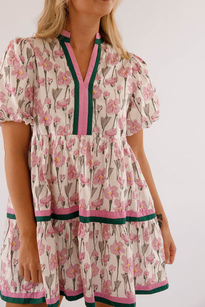 Purple Floral Print Dress- Women's Short Sleeve Bubble Dress- Women's Entro Dresses