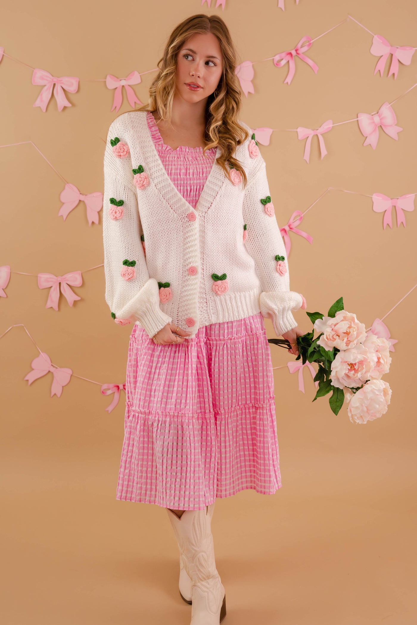 3D Flower Cardigan- Women's Pink Flower Knit Cardigan