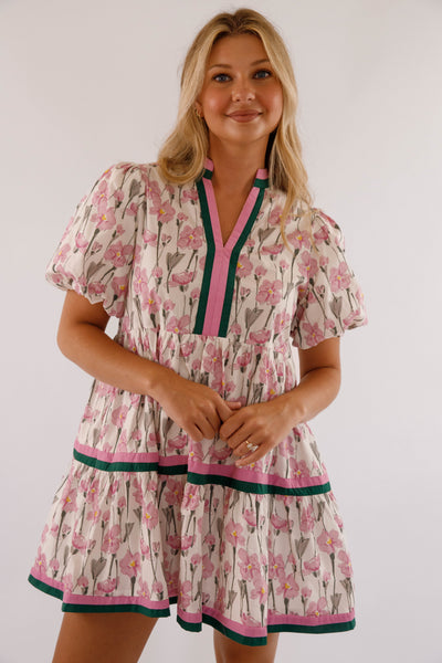 Purple Floral Print Dress- Women's Short Sleeve Bubble Dress- Women's Entro Dresses