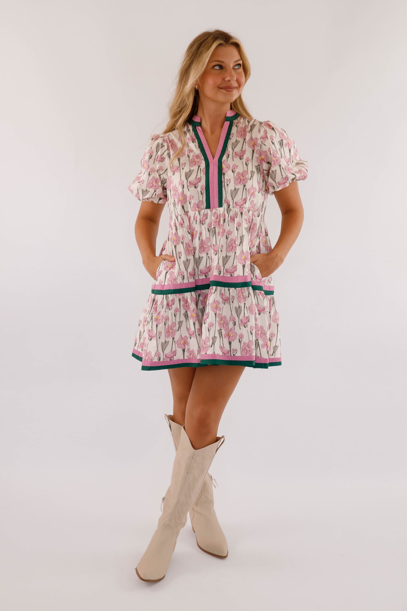 Purple Floral Print Dress- Women's Short Sleeve Bubble Dress- Women's Entro Dresses