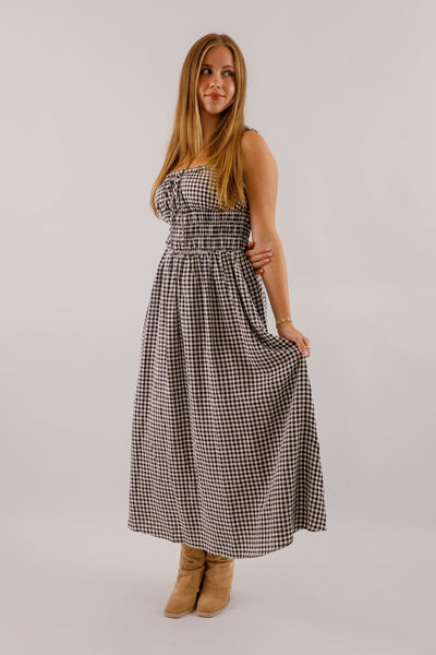 Black and White Gingham Midi Dress- Women's Smocked Waist Dress- Fall Dresses Medium Black and White Gingham Midi Dress- Women's Smocked Waist Dress- Fall Dresses Medium