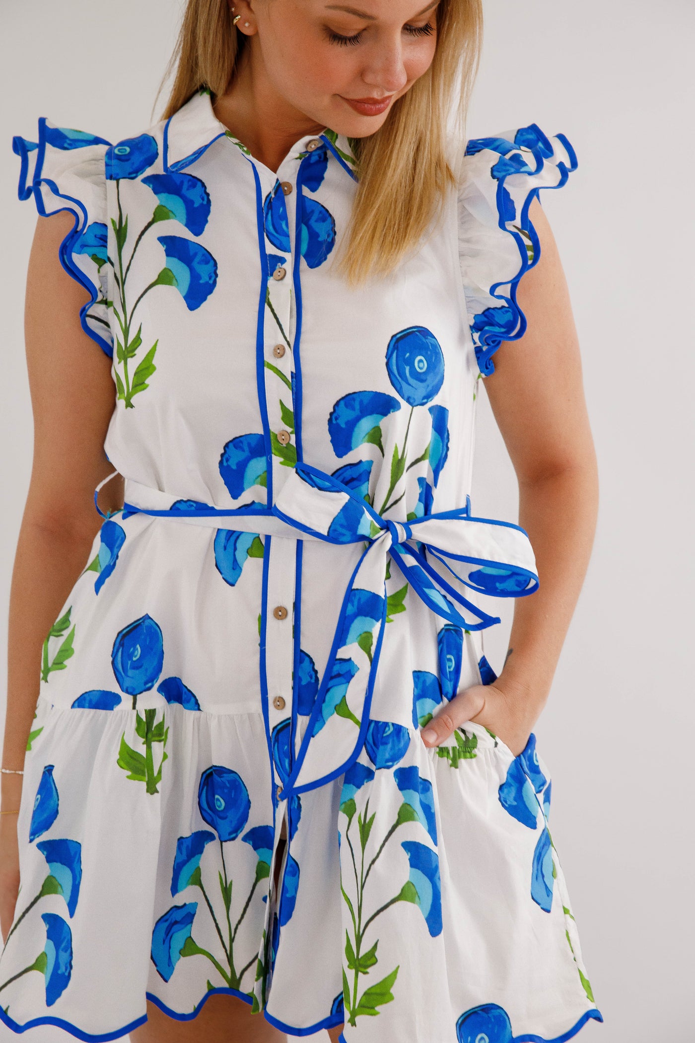 entro blue floral dress Button Front Mini Dress- Women's Summer Dress- Dresses Small Color:Primrose functional front button detailing Greek Islands Halter Dress, balletcore fashion