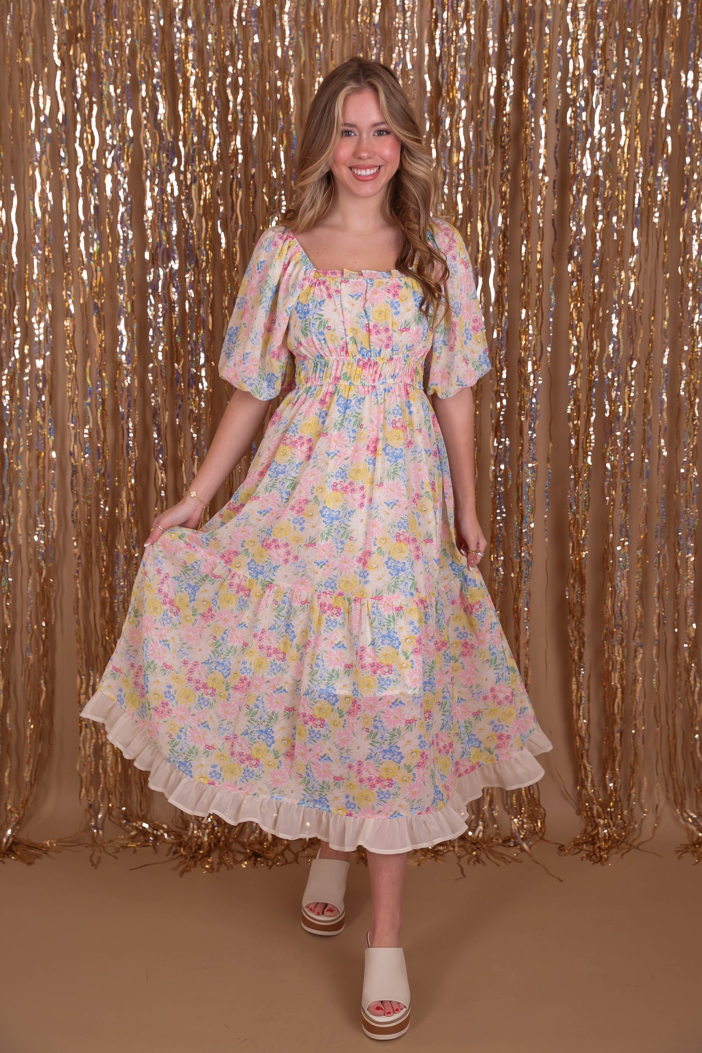 Floral Print Midi Dress- Pastel Midi Dress- Puff Sleeve Midi Dress