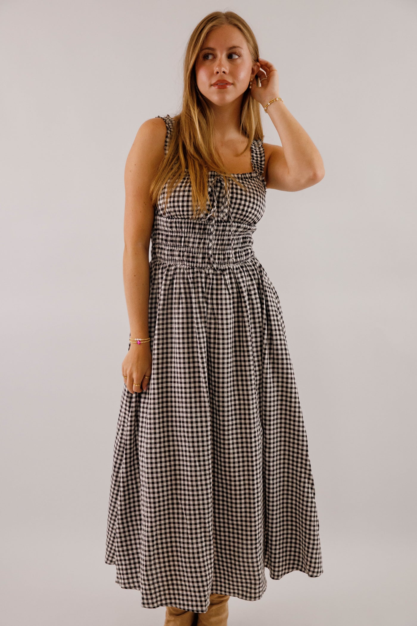 Black and White Gingham Midi Dress- Women's Smocked Waist Dress- Fall Dresses Medium Black and White Gingham Midi Dress- Women's Smocked Waist Dress- Fall Dresses Medium