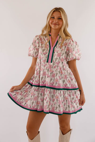 Purple Floral Print Dress- Women's Short Sleeve Bubble Dress- Women's Entro Dresses