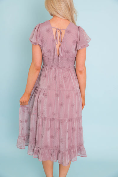 Women's Flower Embroidered Dress- Women's Lilac Shimmer Midi Dress- Listicle Ruffle Midi Dress