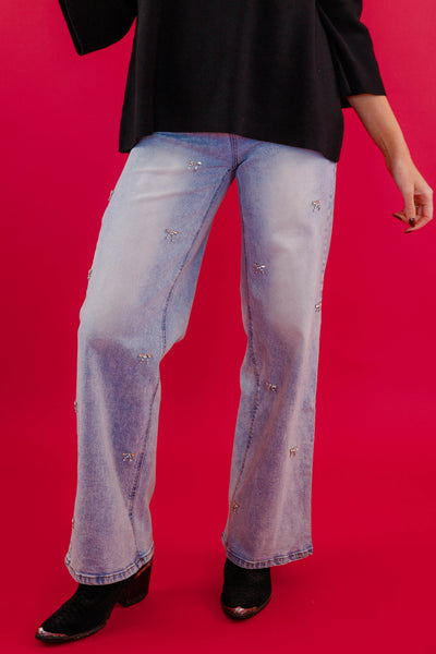 Rhinestone Bow Embellished Denim- Rhinestone Bow Denim- Blue B Rhinestone  Jeans
