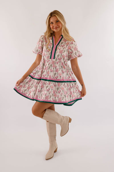 Purple Floral Print Dress- Women's Short Sleeve Bubble Dress- Women's Entro Dresses