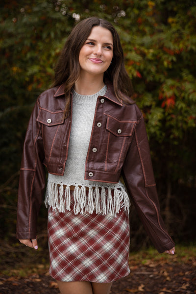 Women's Faux Leather Cropped Jacket- Brown Fall Jacket for Women- Affordable Faux Leather Jackets