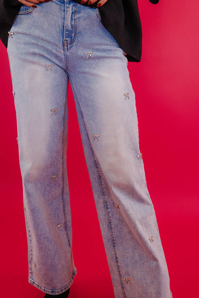 Rhinestone Bow Embellished Denim- Rhinestone Bow Denim- Blue B Rhinestone  Jeans