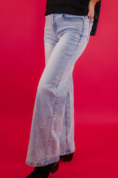 Rhinestone Bow Embellished Denim- Rhinestone Bow Denim- Blue B Rhinestone  Jeans