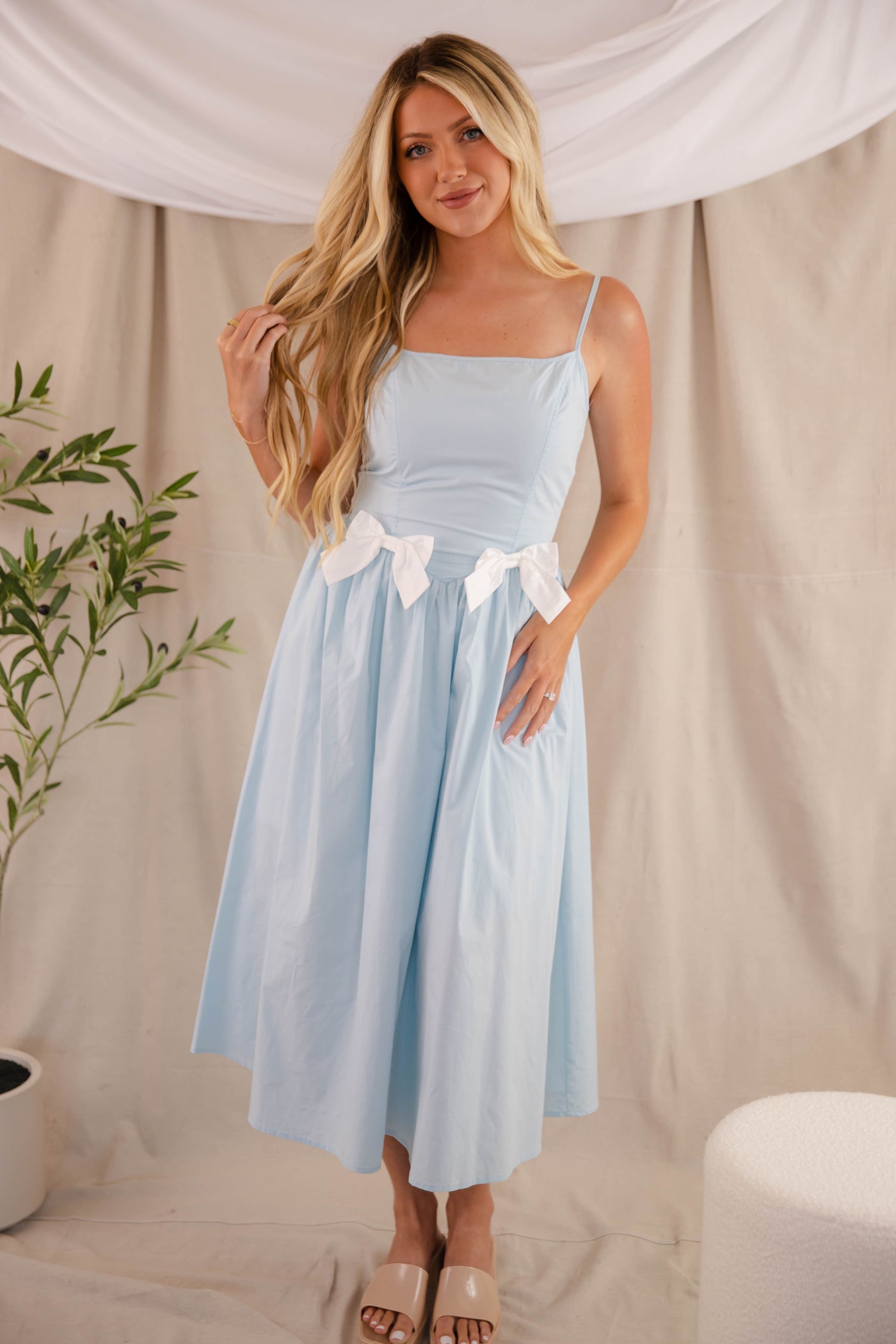 Women's Blue Bow Midi Dress- Drop Waist Midi- In The Beginning Dresses