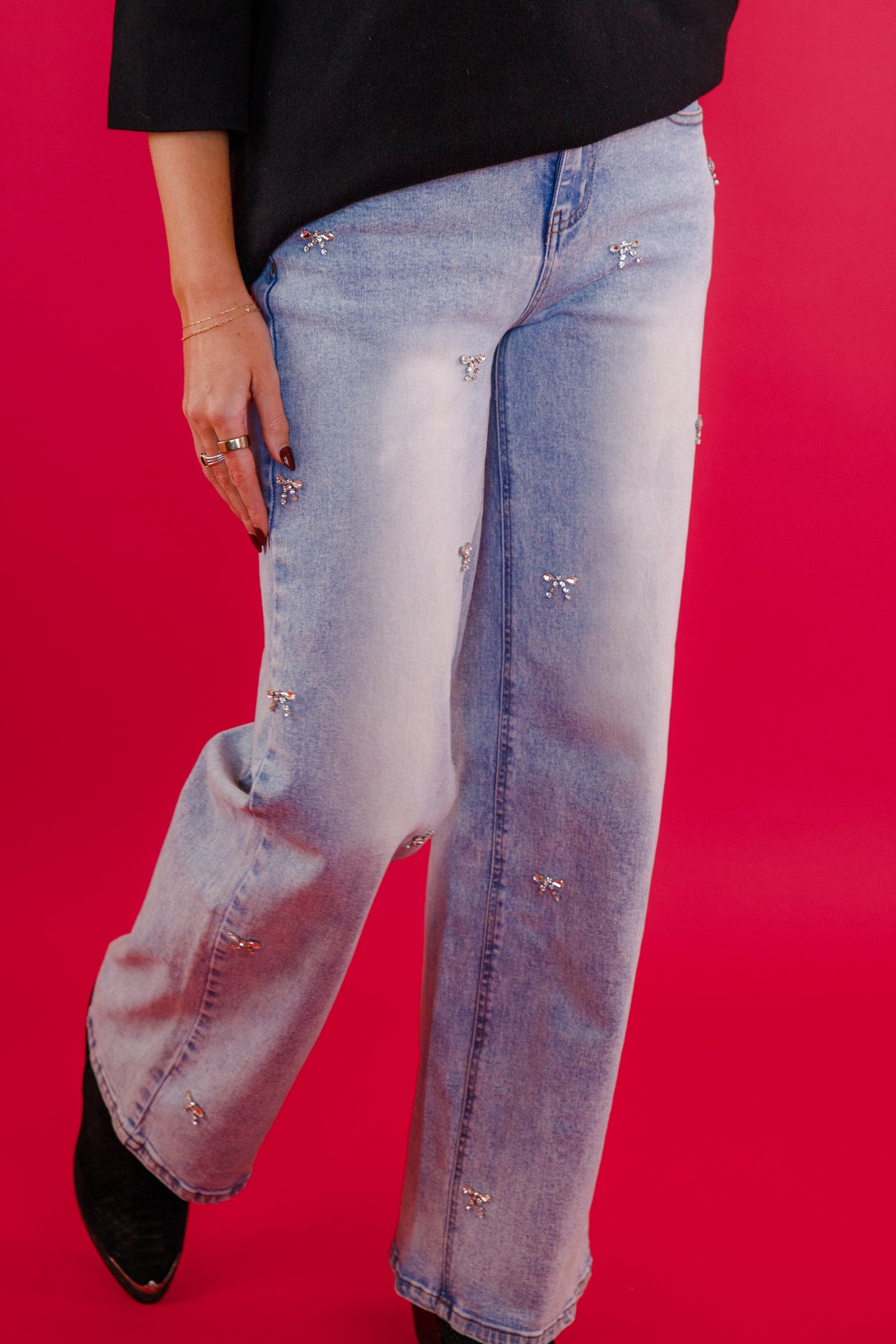 Rhinestone Bow Embellished Denim- Rhinestone Bow Denim- Blue B Rhinestone  Jeans