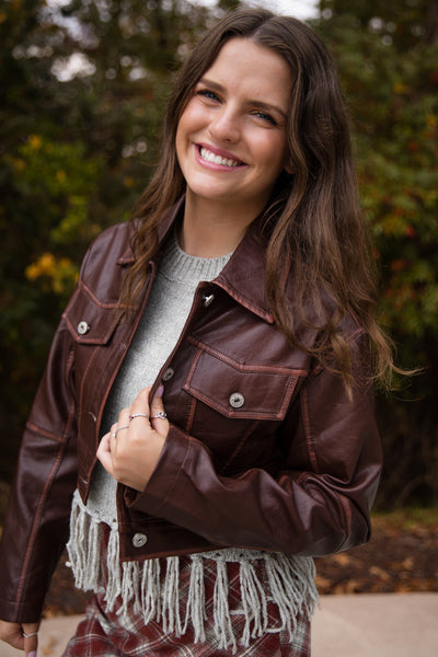 Women's Faux Leather Cropped Jacket- Brown Fall Jacket for Women- Affordable Faux Leather Jackets