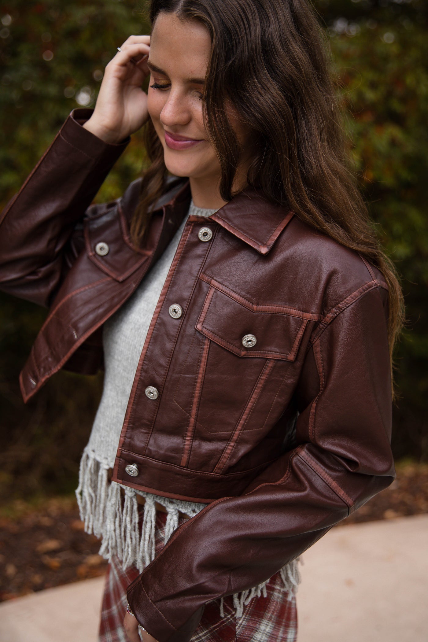 Women's Faux Leather Cropped Jacket- Brown Fall Jacket for Women- Affordable Faux Leather Jackets