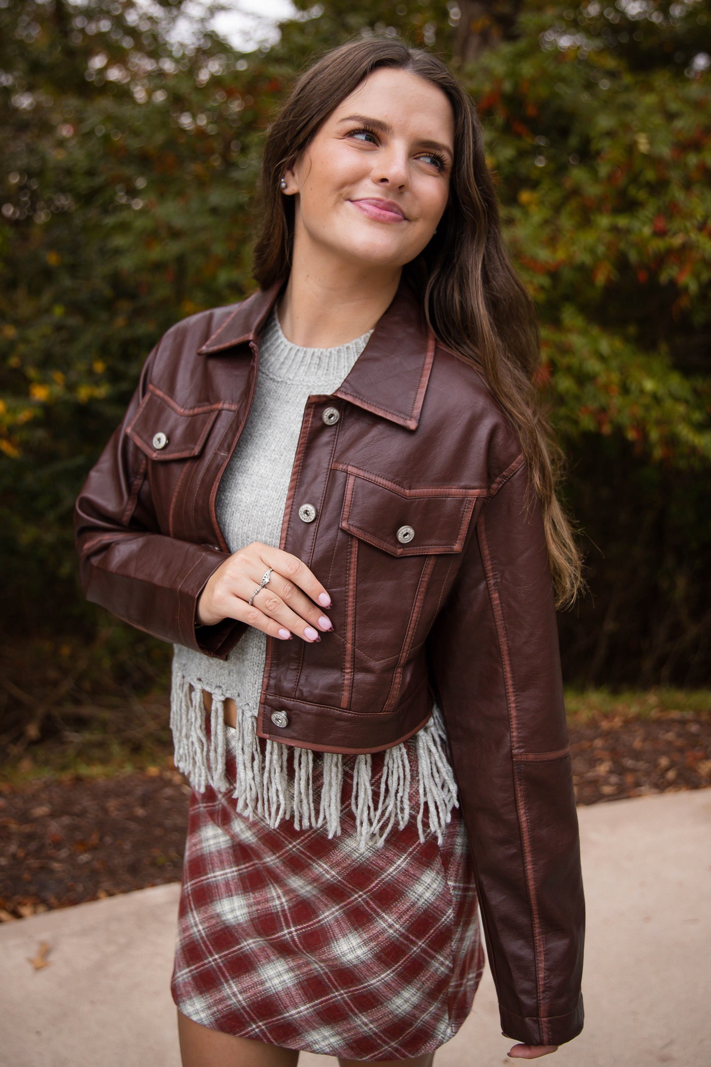 Women's Faux Leather Cropped Jacket- Brown Fall Jacket for Women- Affordable Faux Leather Jackets