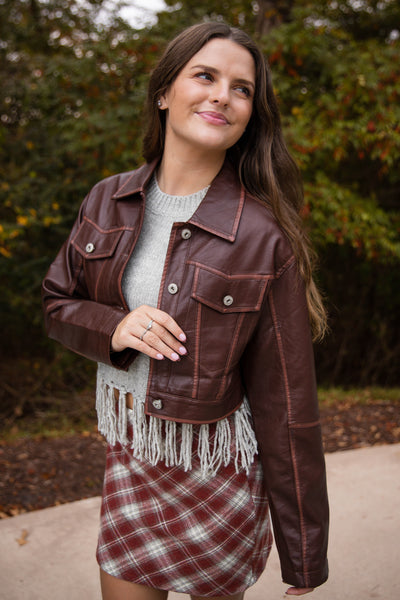 Women's Faux Leather Cropped Jacket- Brown Fall Jacket for Women- Affordable Faux Leather Jackets