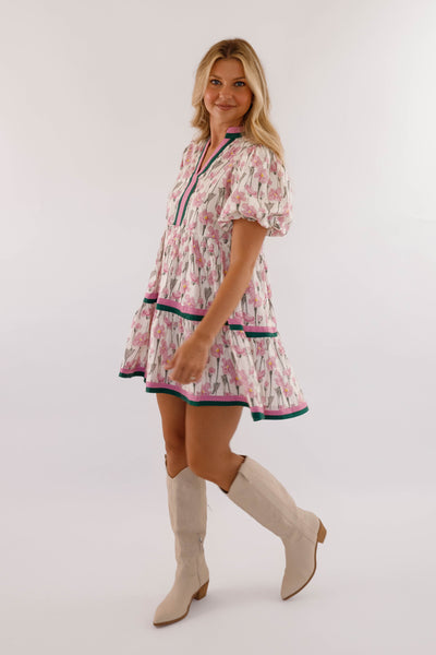 Purple Floral Print Dress- Women's Short Sleeve Bubble Dress- Women's Entro Dresses