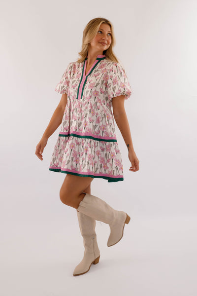Purple Floral Print Dress- Women's Short Sleeve Bubble Dress- Women's Entro Dresses