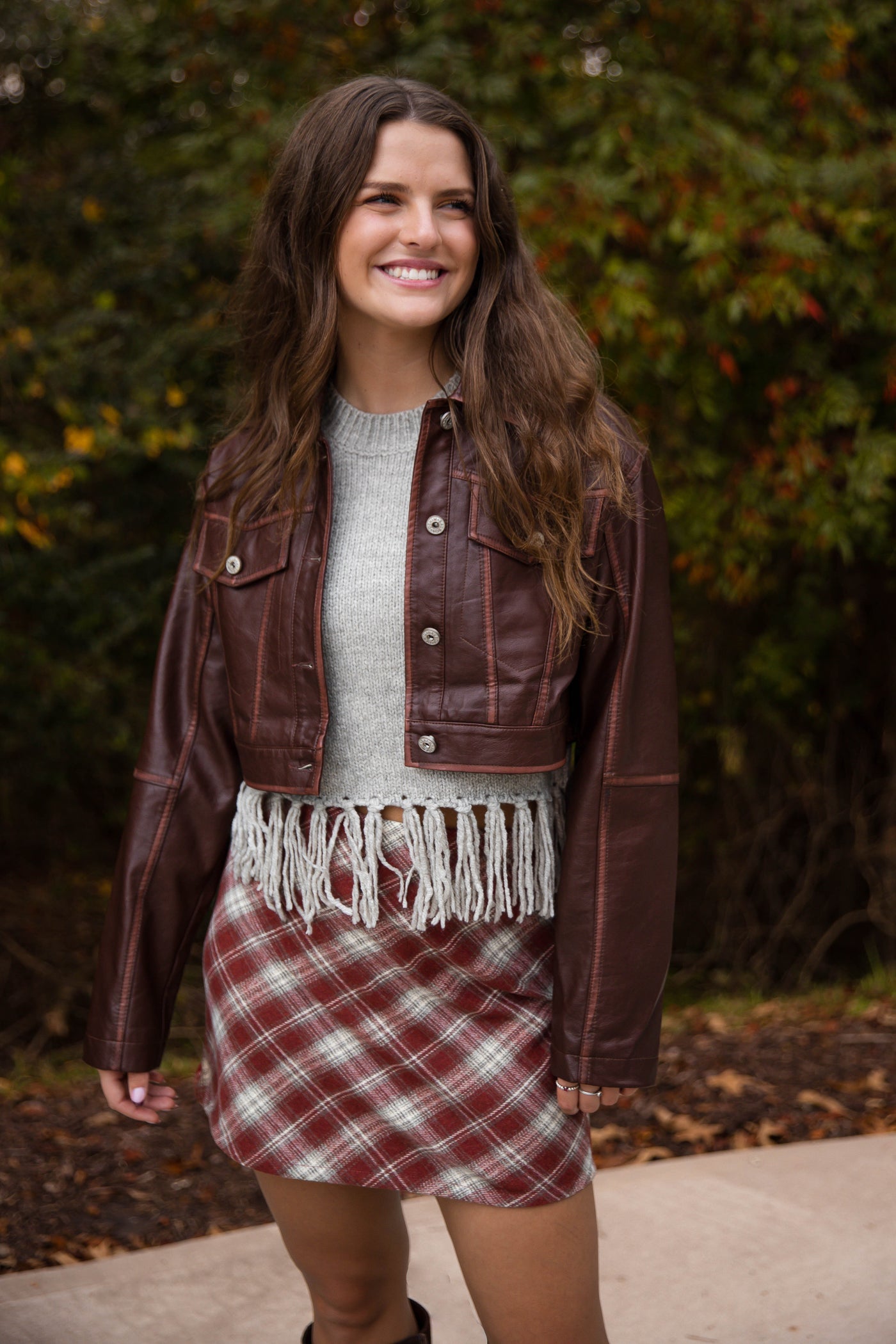 Women's Faux Leather Cropped Jacket- Brown Fall Jacket for Women- Affordable Faux Leather Jackets
