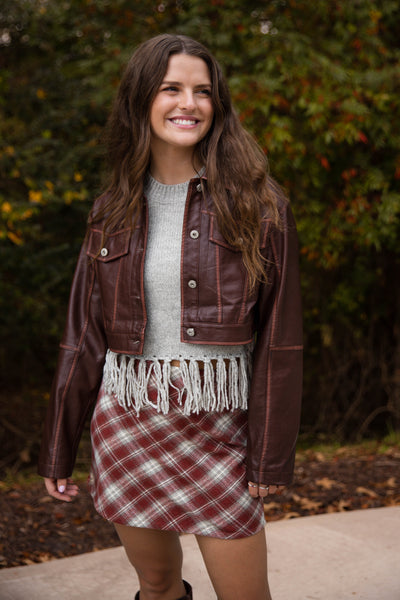 Women's Faux Leather Cropped Jacket- Brown Fall Jacket for Women- Affordable Faux Leather Jackets