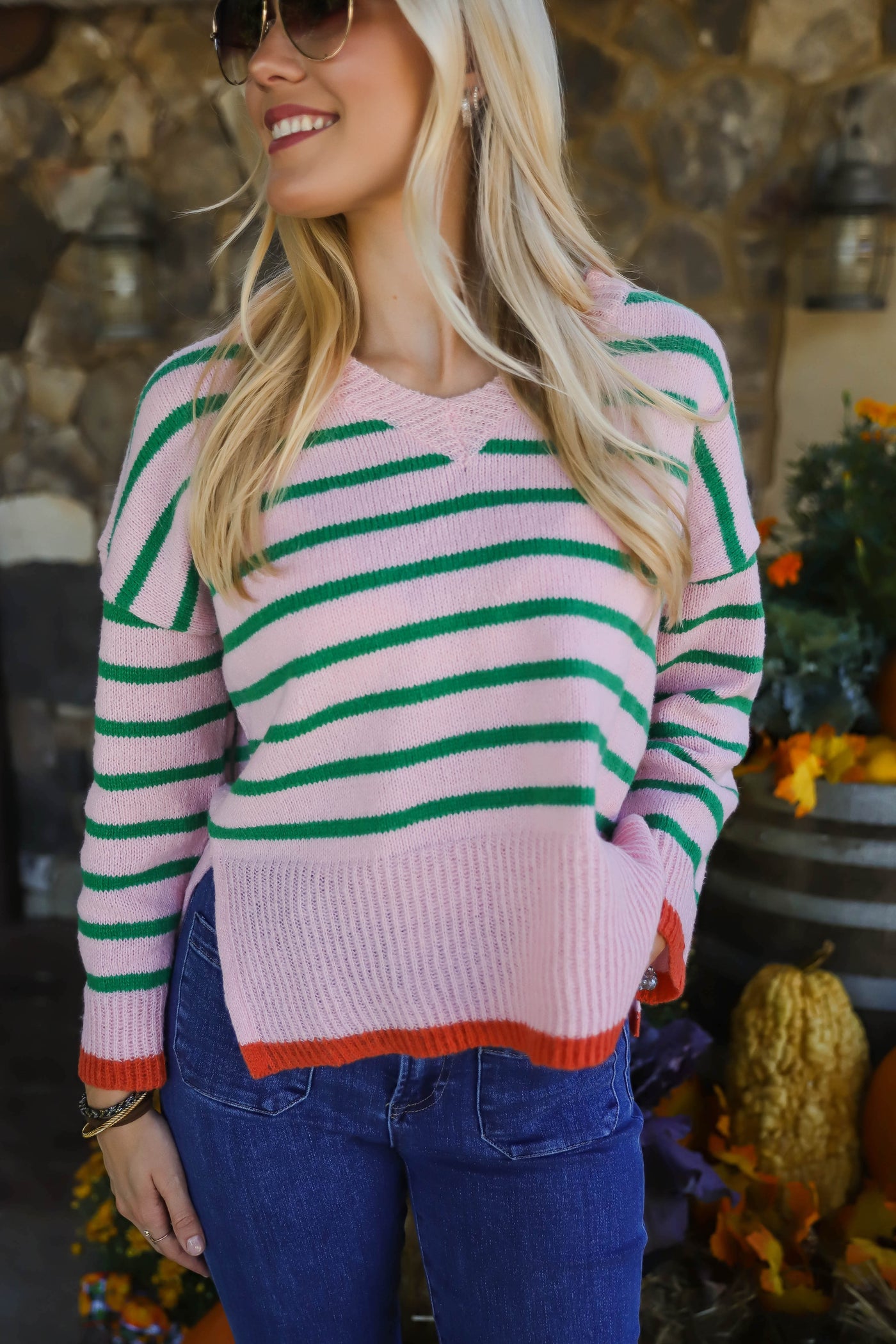 Women's Pink And Green Stripe Sweater- Preppy Stripe Sweater- Women's Trendy Sweaters