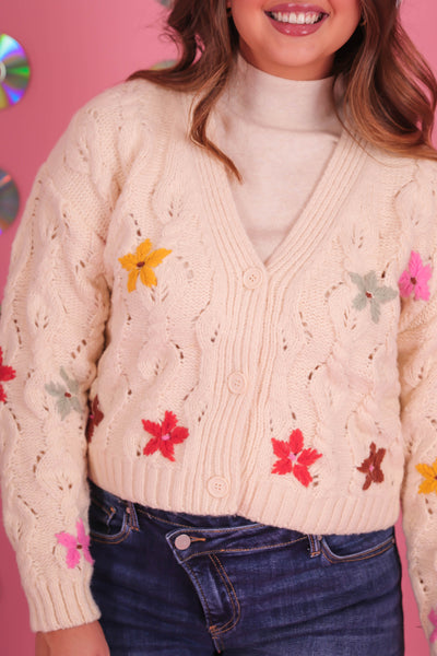 Women's Embroidered Flower Cardigan- Women's Multi Knit Cardigan- See and Be Seen Sweaters