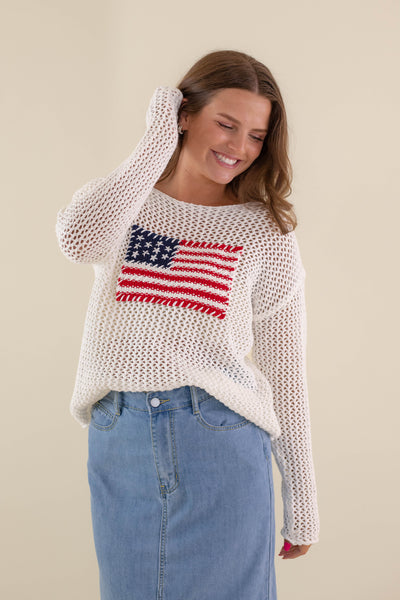 Women's American Flag Sweater- White Flag Sweater- Americana Lightweight Sweater