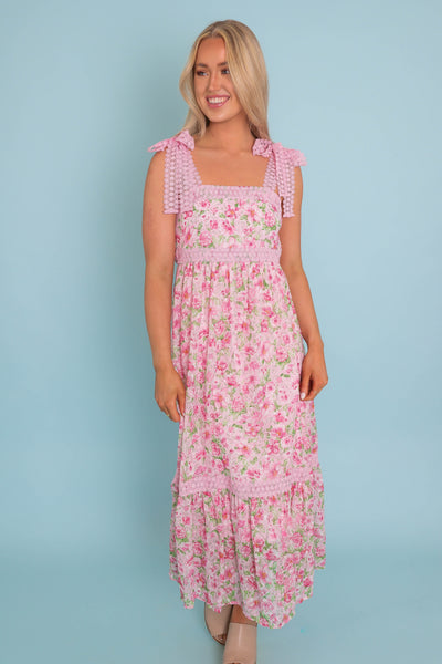 Women's Pink And Green Flower Dress- Pink Crotchet Dress- Blu Pepper Floral Maxi Dress